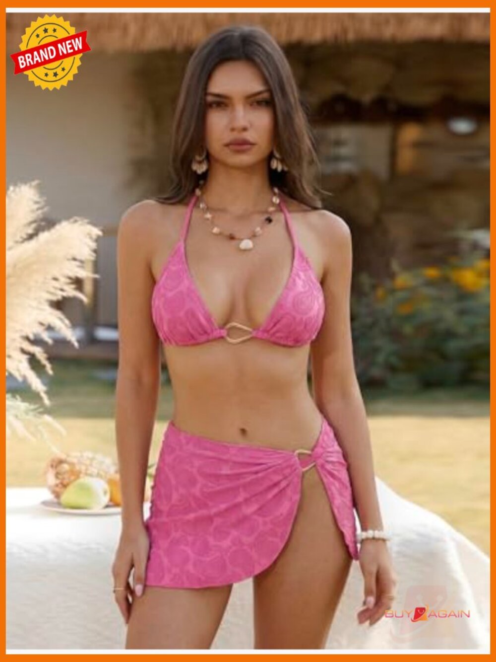 3 Piece Bikini Set with Cover Up Skirt Halter Tie Side - Picture 3 of 7